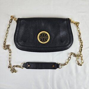Tory Burch Black Leather Crossbody Bag Gold Chain Strap Magnetic Close Flap Logo
